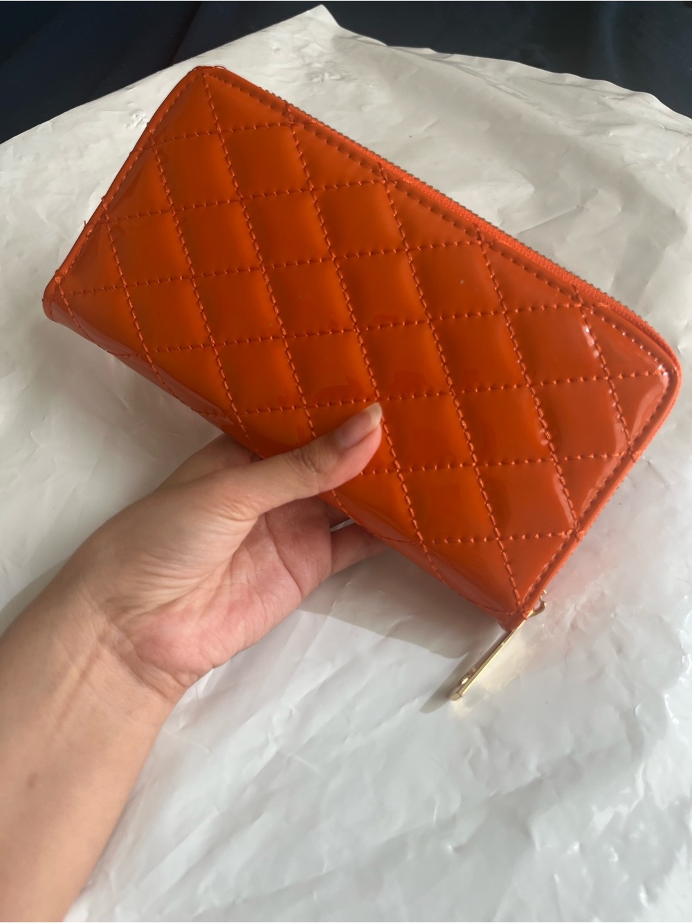 Quilted Patent Zip-Around Wallet - Orange